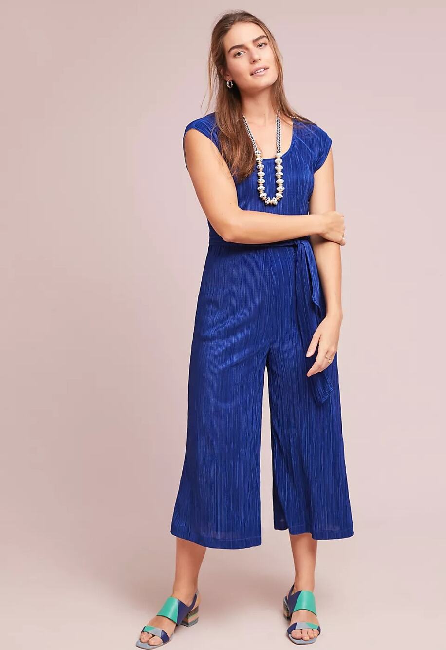 Maeve Anthropologie Sonata Pleated Wide Leg Jumpsuit Blue Belted Romper 8
